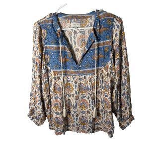 Lucky Brand Blouse Women's Medium V-Neck 3/4 Sleeve Boho Tie Artsy Top Shirt